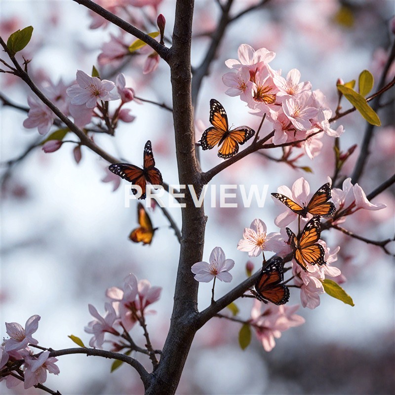 Several orange and black butterflies are perched on or flying around pink cherry blossoms on a tree branch, with a soft, blurred background.
